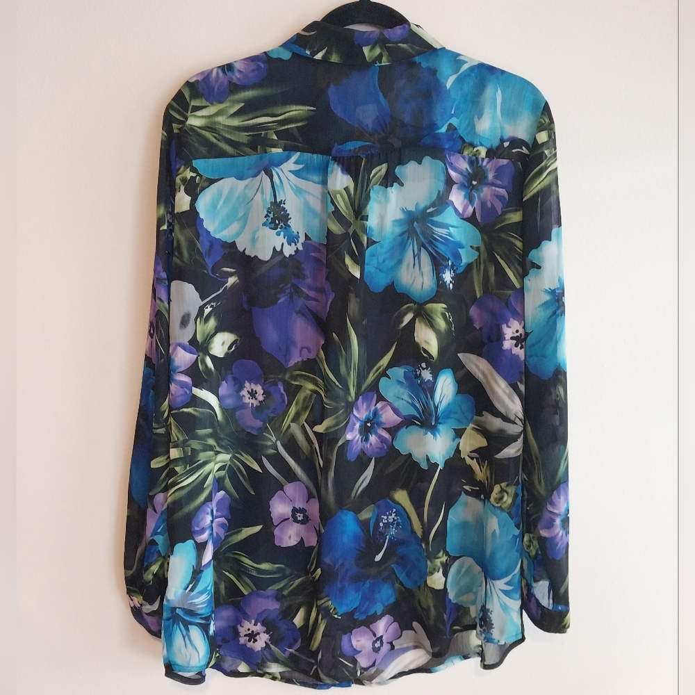 Susan Graver Purple & Blue Tropical Floral Semi Sheer Button Front Blouse - Picture 2 of 8